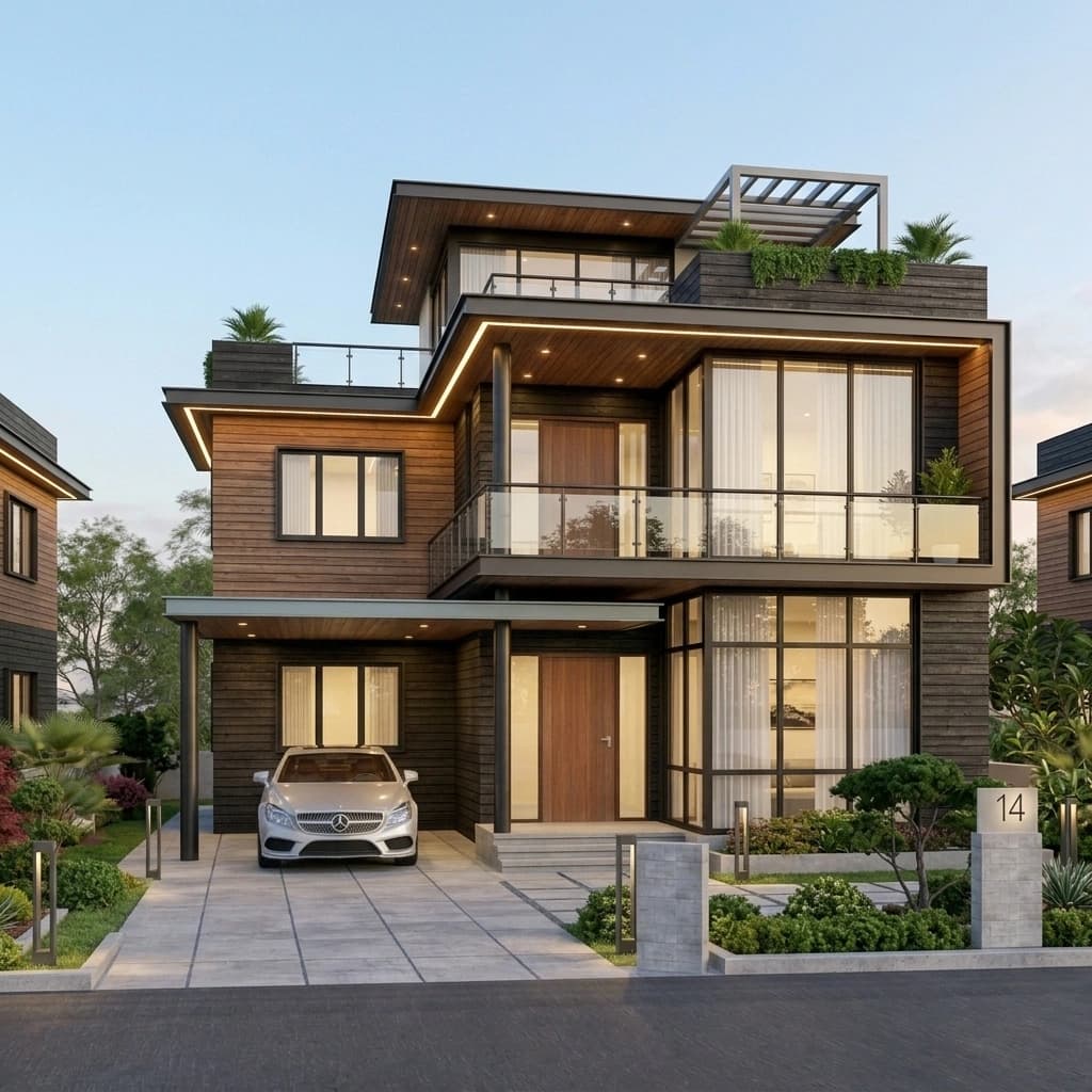 A 3D view of a three-storey house elevation with timber cladding, a car porch, balconies and a roof terrace.