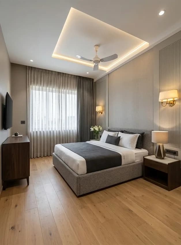 After: the same room with a recessed ceiling in cove lighting, a fan, a fluted wall panel behind an upholstered bed, wall lights and a new oak floor.