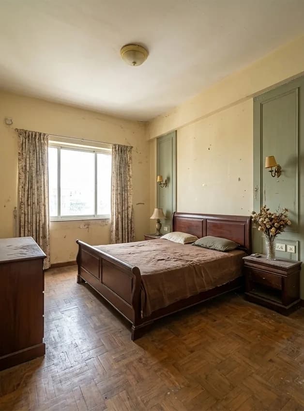Before: a bedroom with damp-stained walls, a bare ceiling fitting, worn curtains and a dulled parquet floor.