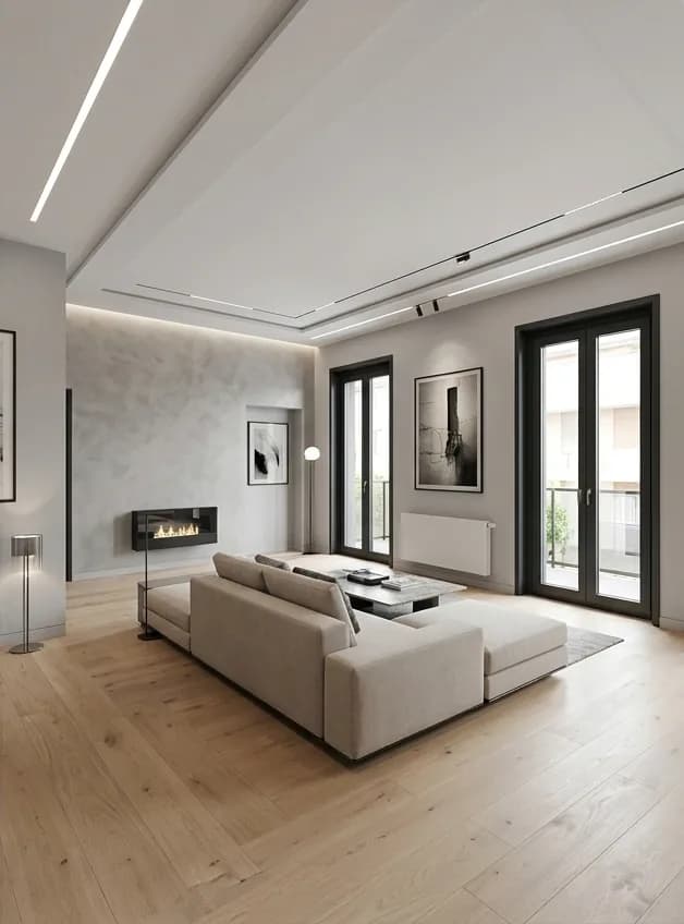 After: the same room with a flat ceiling carrying a linear light line, plastered walls, an inset fireplace and a wide-plank floor.
