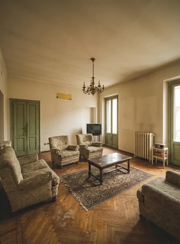 Before: an apartment living room with a discoloured ceiling, an old chandelier, faded armchairs and a worn herringbone floor.