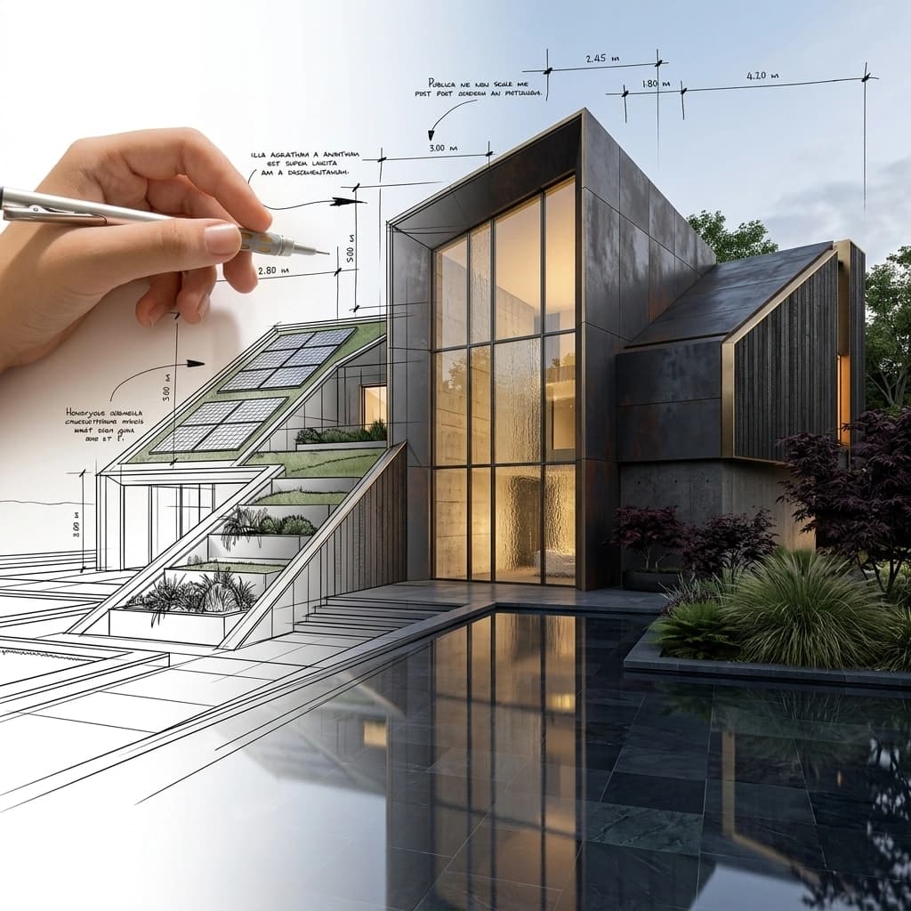 A hand drawing dimension lines over a house design, the line drawing resolving into a finished building on the right.