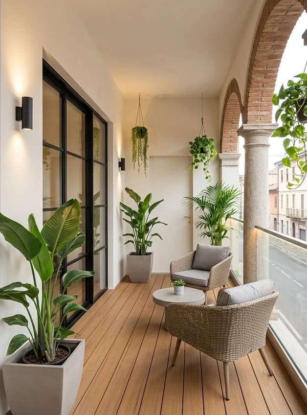 After: the same balcony with repaired plaster, timber decking, black framed glazed doors, planting and seating.