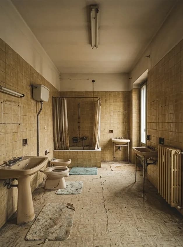 Before: a bathroom lined in yellowed tiles, with a cracked floor, old pedestal basins and a curtain across the tub.