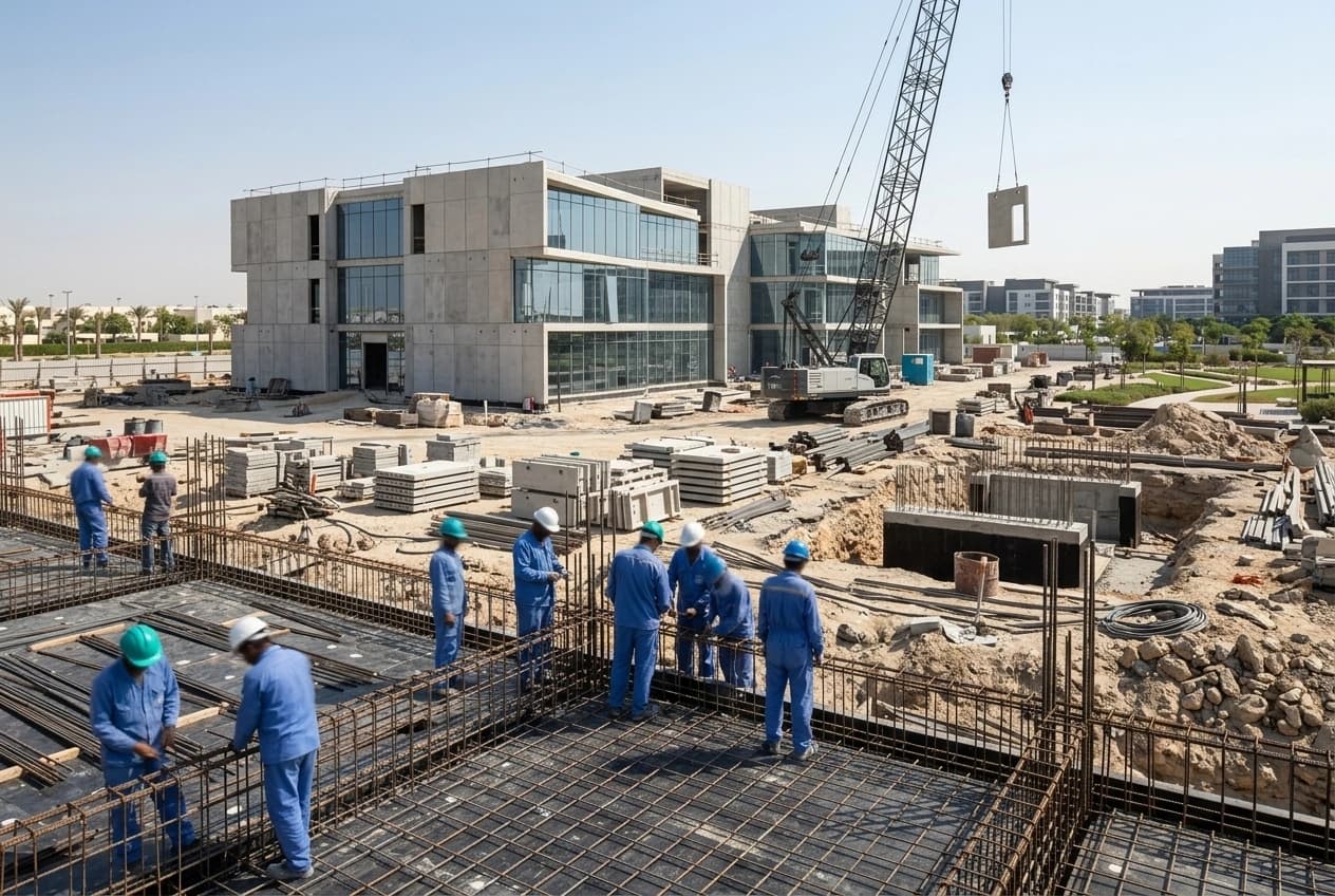 An active site-development job: reinforcement mats tied out across a foundation platform, excavated ground and stacked precast units beyond, with a crawler crane working at the far side.