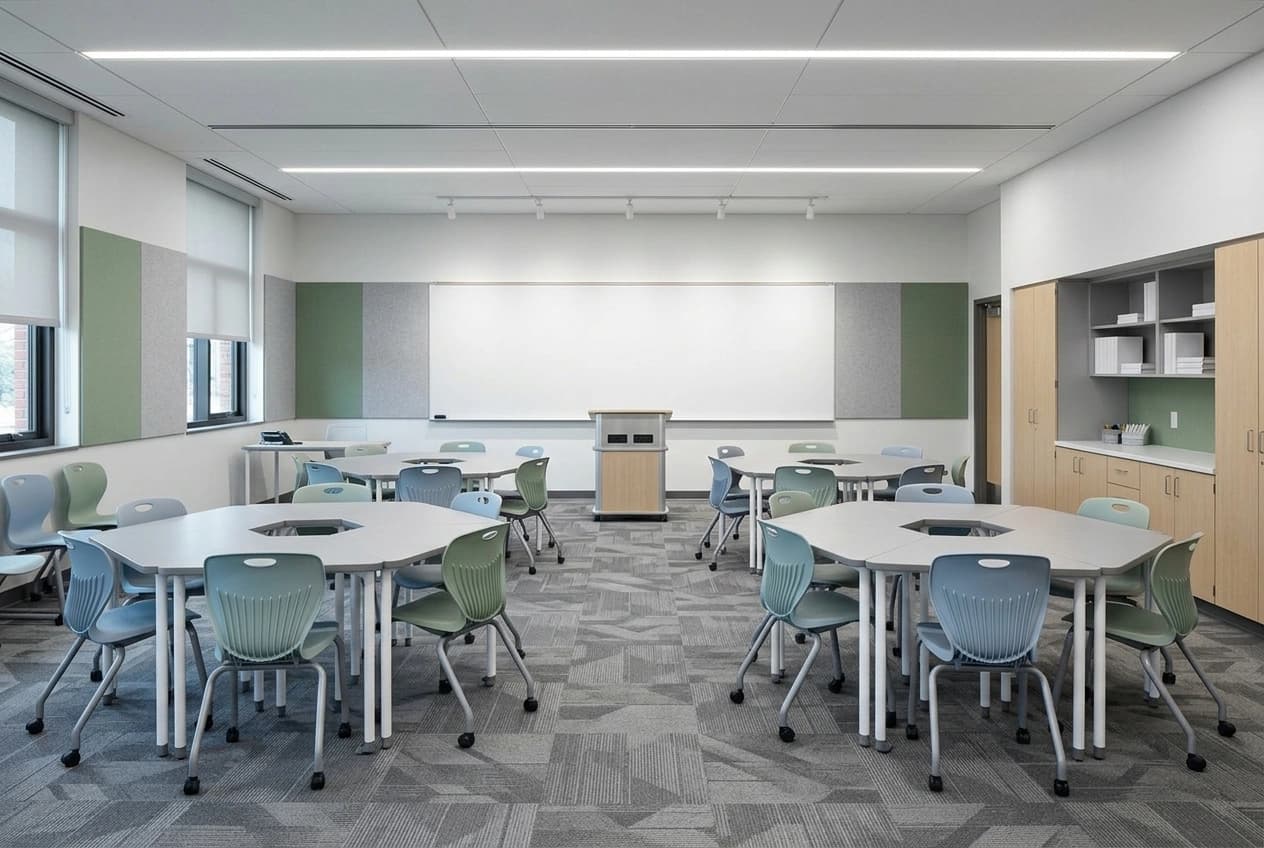 A classroom with hexagonal tables and stacking chairs, acoustic wall panels, a long whiteboard, a lectern, storage cupboards and carpet tile flooring.
