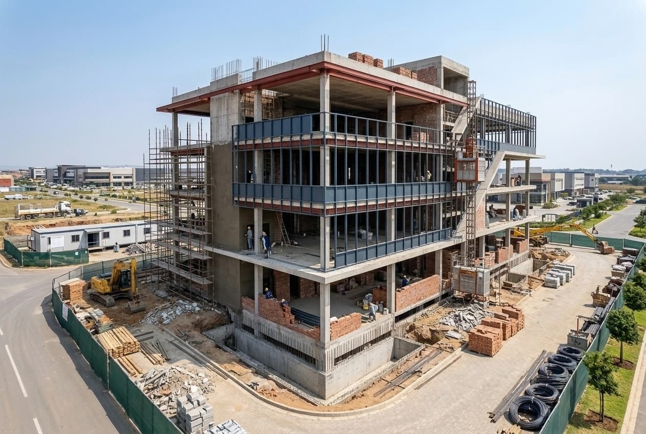 A multi-storey commercial building under construction: a cast RCC frame with columns, beams and slabs, brick infill walls going up between them, scaffolding and an external staircase to one face, workers on the open floors, and an excavator and stacked brick at ground level.