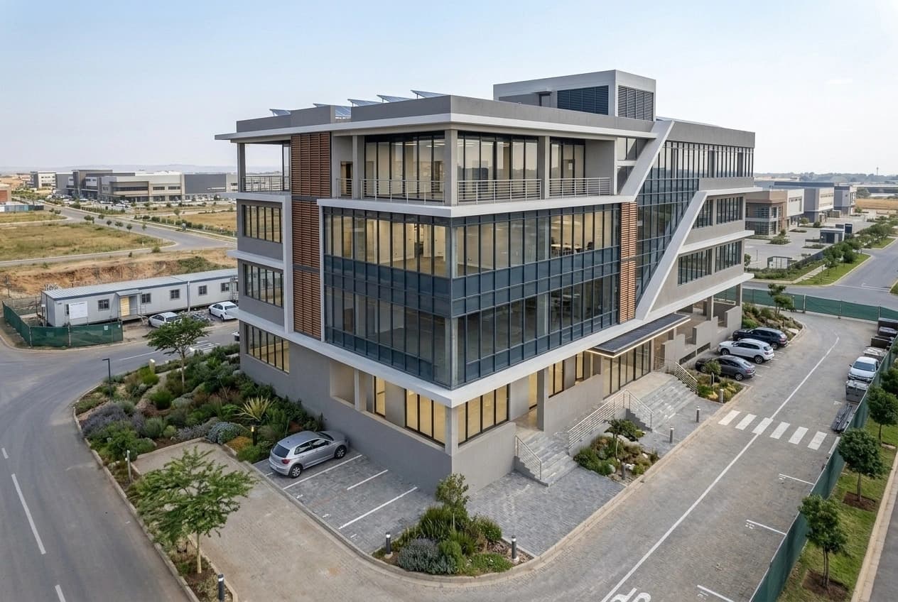 A completed multi-storey commercial office building on a landscaped corner plot: glazed office floors over a stone-clad base, a covered entrance reached by steps and a ramp, marked parking bays, planted beds and a service road.