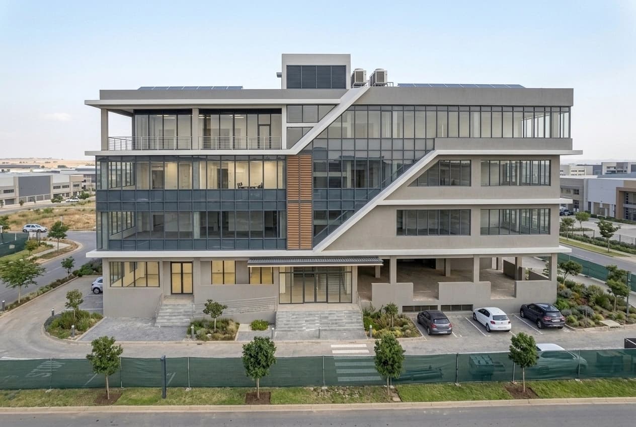 Front elevation of a completed multi-storey commercial office building at dusk: glazed floors above an open undercroft parking level, a lit ground-floor entrance, a timber-clad stair core, and solar panels and air-handling plant on the roof.