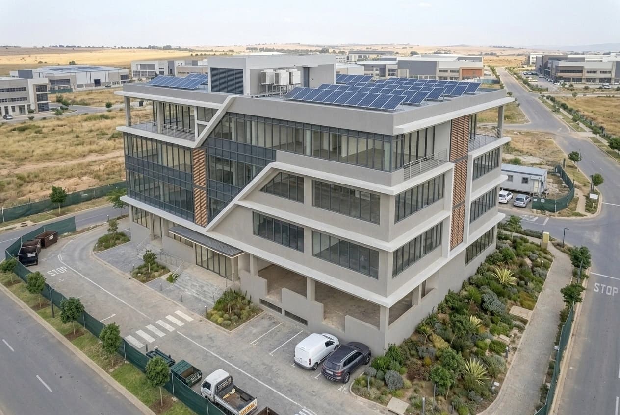 Aerial view of a completed commercial office building on a corner plot in a business park: marked parking bays and a service drive on two sides, landscaped setbacks, a paved pedestrian approach to the entrance, and roof-mounted solar panels and plant.