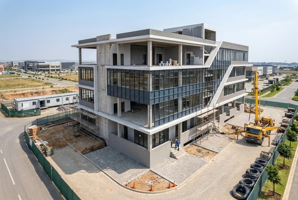 The same building with its envelope complete: the elevations plastered and painted, the full curtain-wall glazing installed across every floor, the scaffolding almost entirely struck, and the forecourt paved up to the entrance.