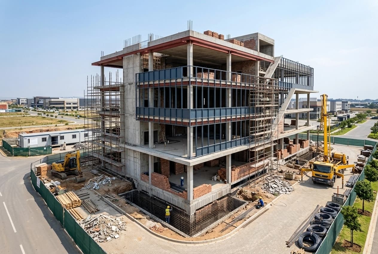 A commercial office building under construction: the RCC frame cast to full height with brick infill between the columns, curtain-wall framing installed to two floors, scaffolding across the elevation, a mobile crane and an excavator working at ground level inside a hoarded site.