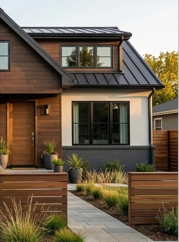 After: the same house with a dark standing-seam roof, timber cladding over a grey brick base, large black framed windows, a new entrance and a paved path through planted beds.