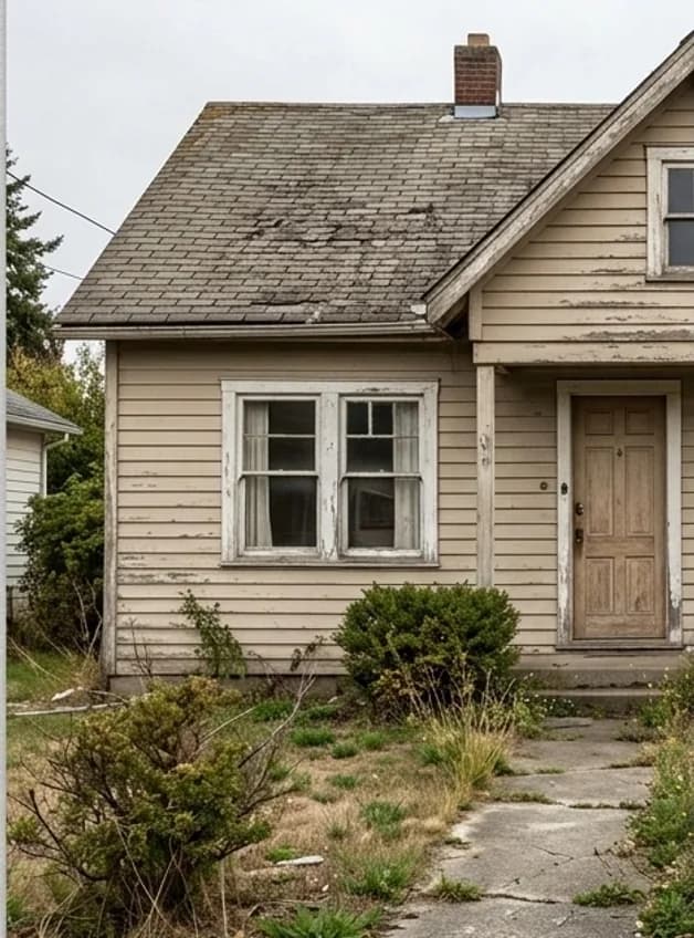 Before: a single-storey house with a moss-covered shingle roof, peeling weatherboard, an aged front door and an overgrown front garden.