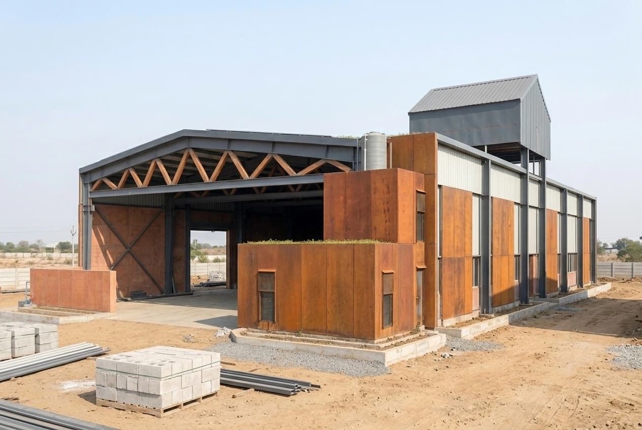 Three-quarter view of a workshop unit under construction: an open structural bay with roof trusses, an attached two-storey office block in weathering steel, and a clad side elevation running back along the plot.
