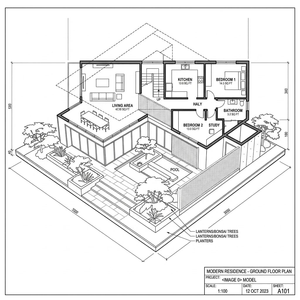 A dimensioned ground-floor plan drawn in axonometric projection, with rooms, areas and overall site dimensions annotated.