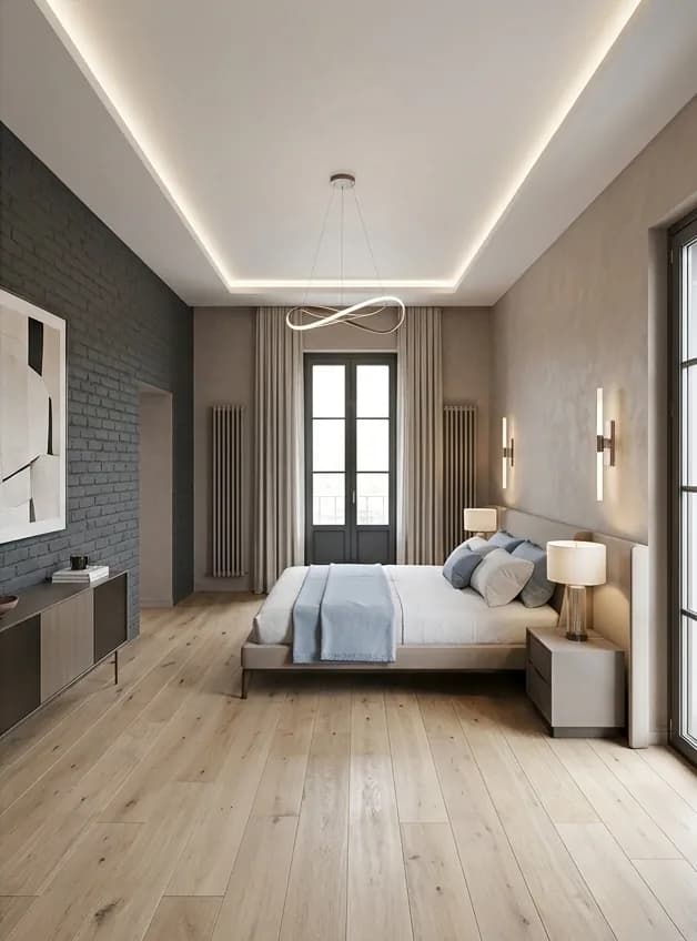 After: the same room with a dark painted brick wall, a cove-lit ceiling, a low bed, a long sideboard and a new oak floor.