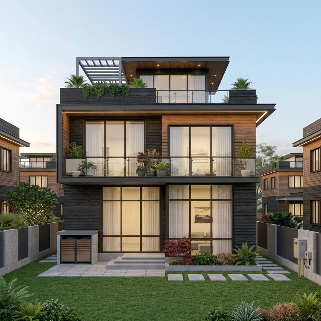 A three-storey house elevation at dusk with timber and dark cladding, full-height glazing, planted terraces and a pergola above.