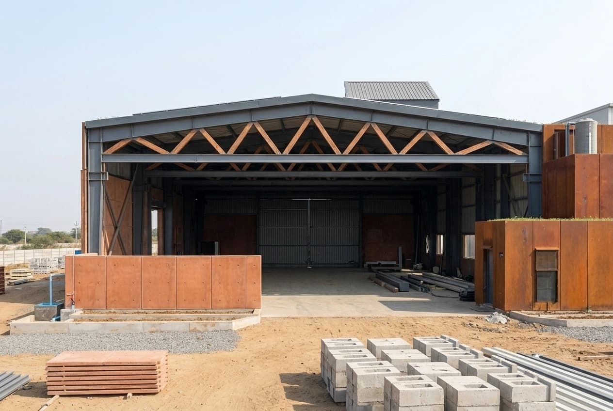 Head-on view into the open bay of an industrial shed, showing the full clear span between columns, the timber roof trusses spanning it and the finished concrete floor slab below.