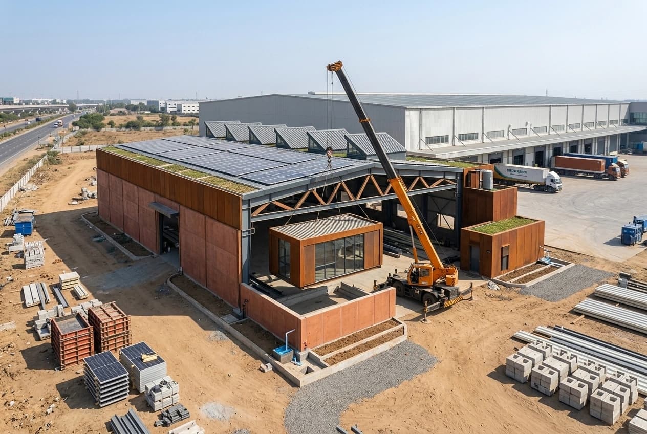 Pre-engineered steel warehouse under construction in an industrial area near Bangalore: a mobile crane lifting a roof section onto the portal frame, roof sheeting and solar panels part-laid, with a larger clad warehouse and docked trailers beyond.