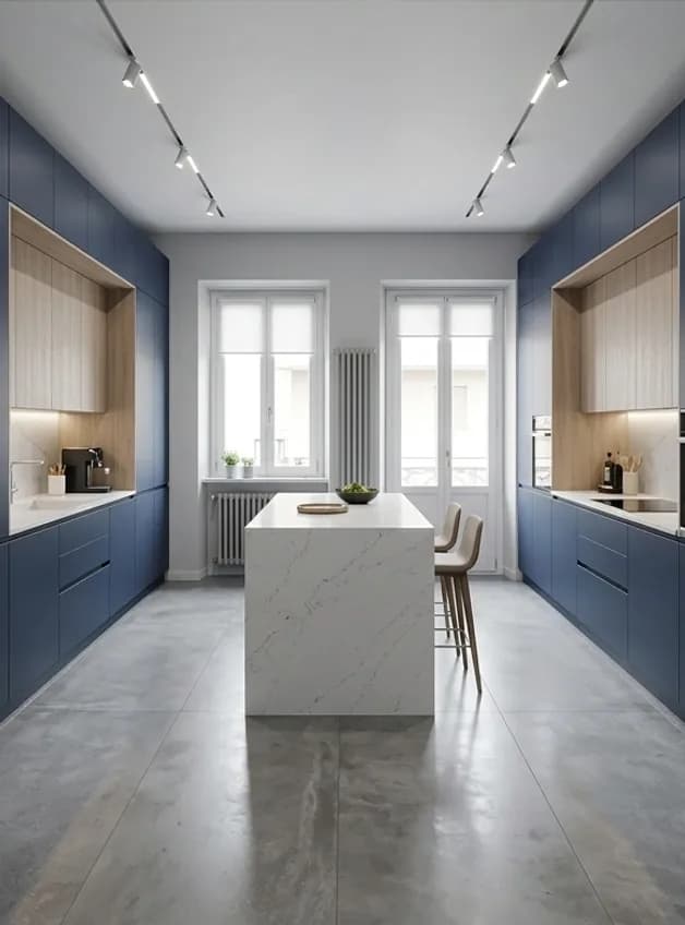 After: the same galley with deep blue full-height cabinets, timber-lined niches, a stone-topped island and a polished concrete floor under track lighting.