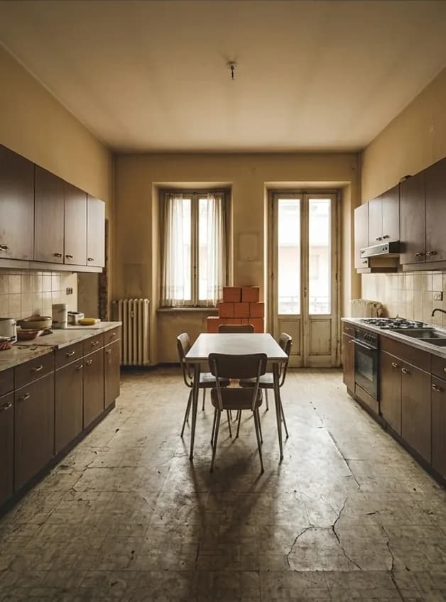 Before: a galley kitchen with dated brown cabinets, a worn worktop and a cracked tiled floor.