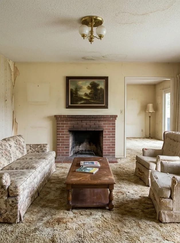 Before: a living room with a water-stained ceiling, torn wall covering, a heavy brick fireplace and worn upholstery on a matted carpet.