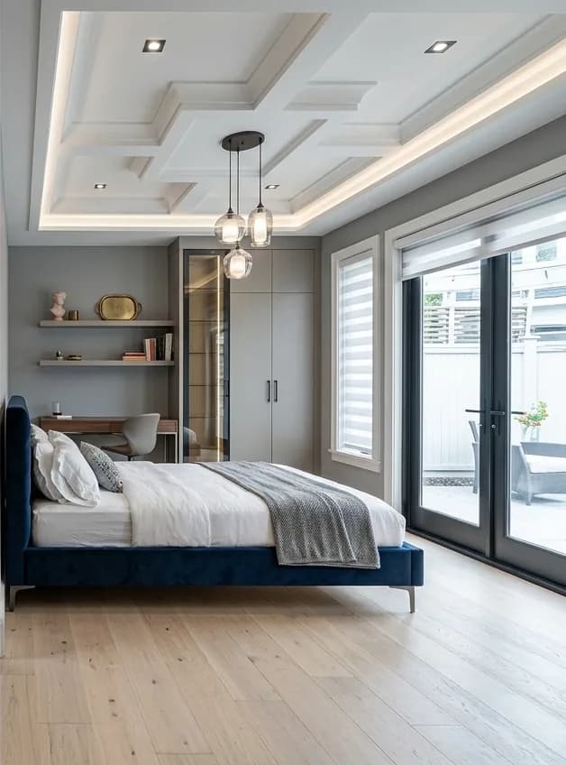 After: the same room with a coffered ceiling in cove lighting, fitted wardrobes, an upholstered bed and a wide-plank floor opening to a terrace.