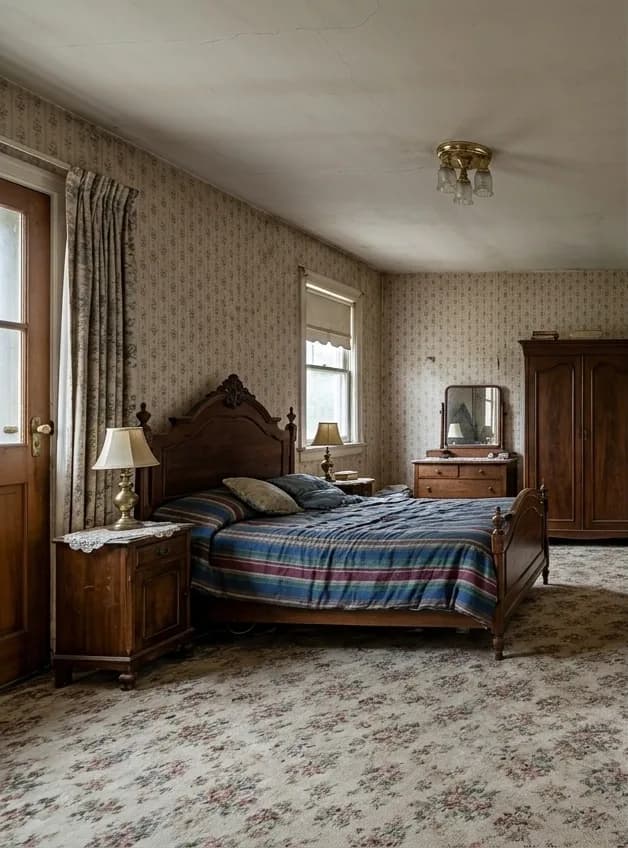 Before: a bedroom with patterned wallpaper, a floral carpet and heavy dark timber furniture.