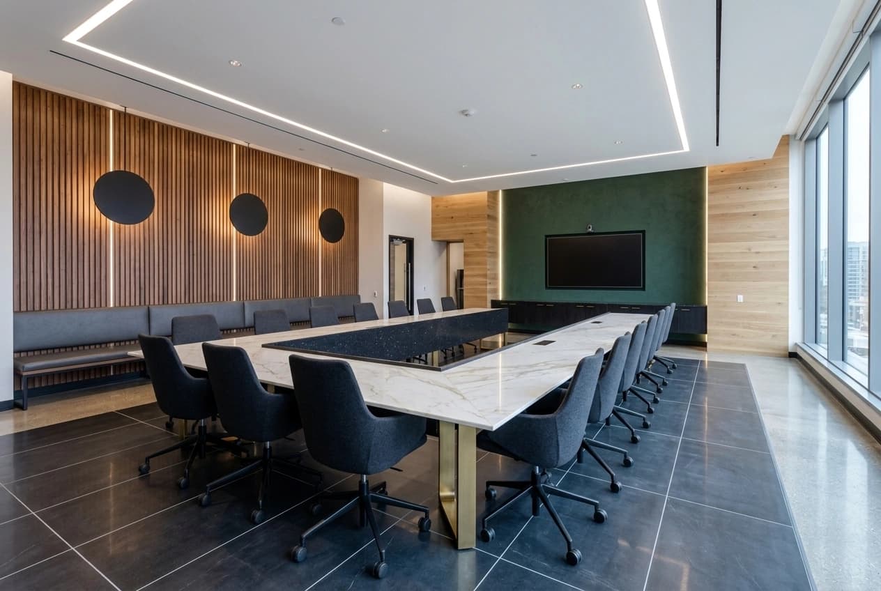 A fitted-out boardroom: a long stone-topped table with upholstered chairs, a timber slat wall with acoustic discs, a dark green acoustic wall carrying a large screen, recessed linear ceiling lighting and a dark tiled floor.