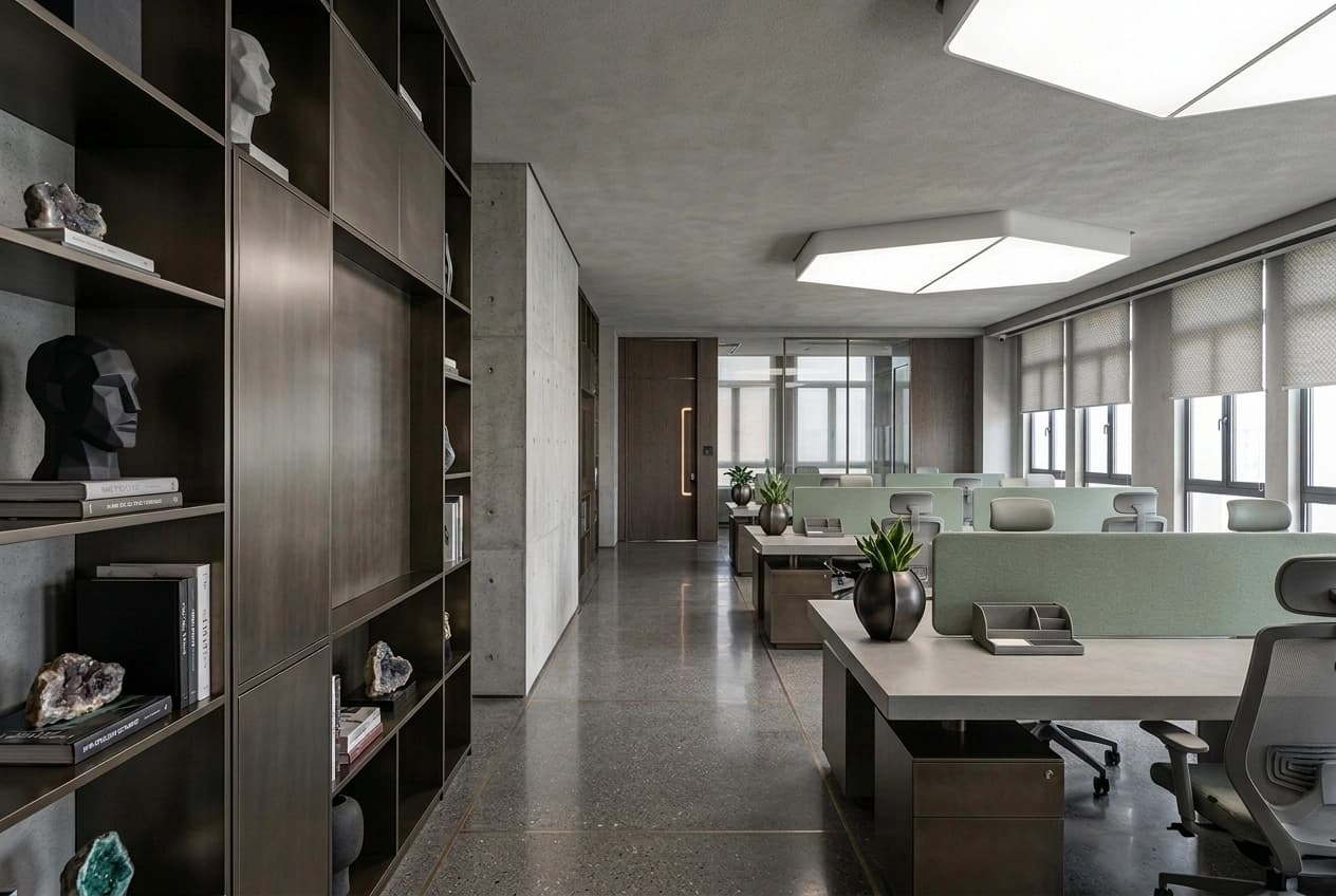 A fitted-out office floor: workstations with low green screens along a glazed elevation, task chairs, a polished concrete floor, full-height dark joinery storage down one wall, and large flat light fittings in an exposed soffit.