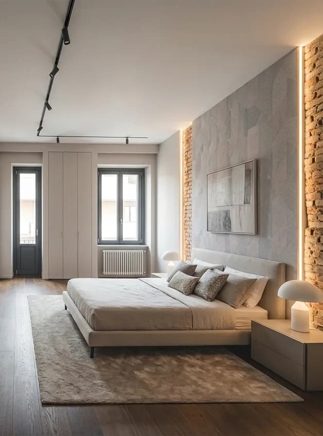 After: the same room with pale panelled walls, an exposed brick return, track lighting, fitted storage and a low upholstered bed.
