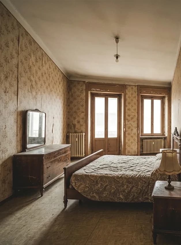 Before: a bedroom with peeling patterned wallpaper, a bare bulb, old timber windows and dark furniture.