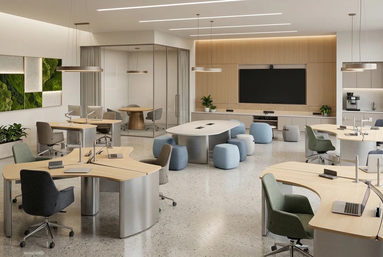 An open-plan office with curved timber workstations, a glazed meeting pod, soft seating around a low table, a moss wall panel, a slatted timber media wall and a pantry counter beyond.