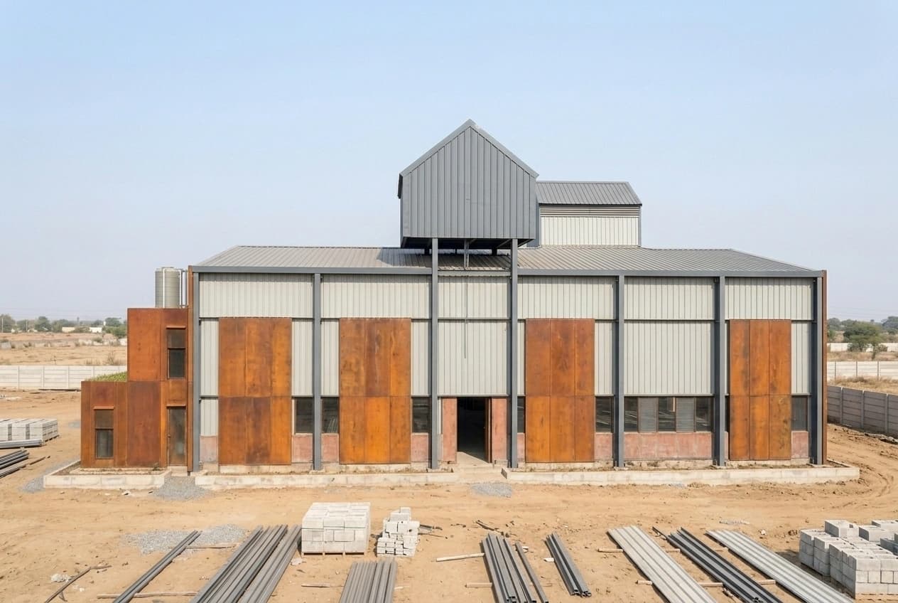 Front elevation of a steel portal-frame industrial building under construction, with profiled metal cladding, weathering-steel panels between the columns, a raised monitor roof and steel sections stacked on the ground.