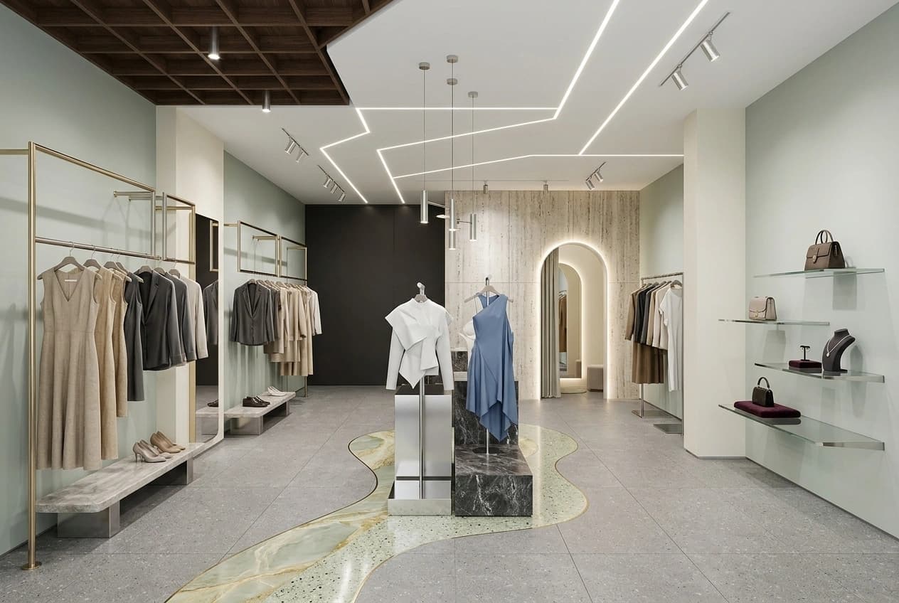A fitted-out fashion store: garment rails and display plinths along both walls, glass display shelves, an arched opening to a fitting area, linear ceiling lighting and a terrazzo floor with an inlaid stone ribbon.