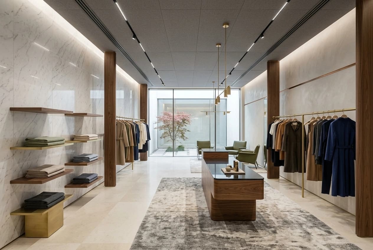 A premium clothing showroom with marble-clad walls, timber columns, brass garment rails, a walnut cash counter, recessed track lighting and a glazed courtyard with a small tree at the far end.