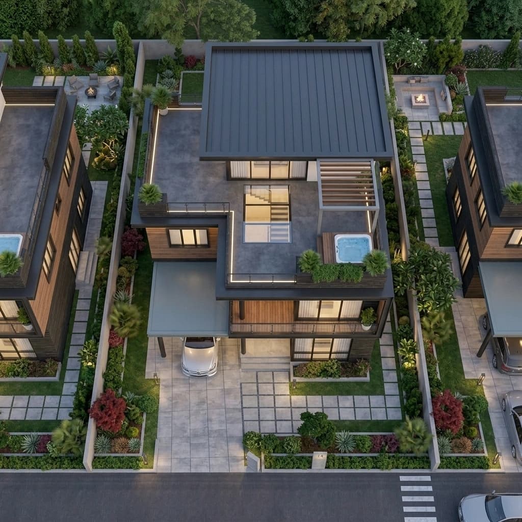 An aerial view of a house on its plot showing the roof, terrace, driveway, parking and landscaped setbacks.