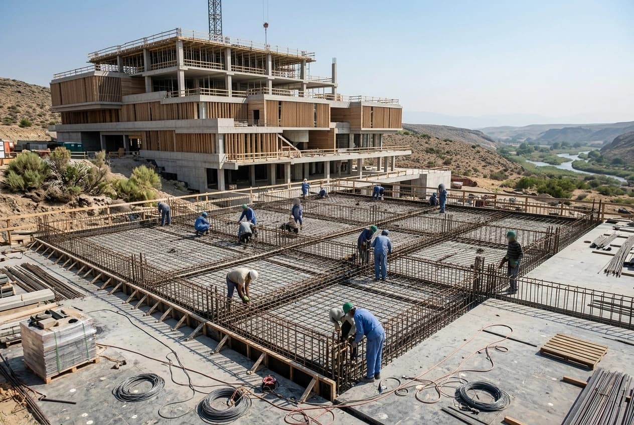 A levelled site platform with foundation reinforcement laid out in bays, a partially built structure behind it and cut ground falling away to one side.