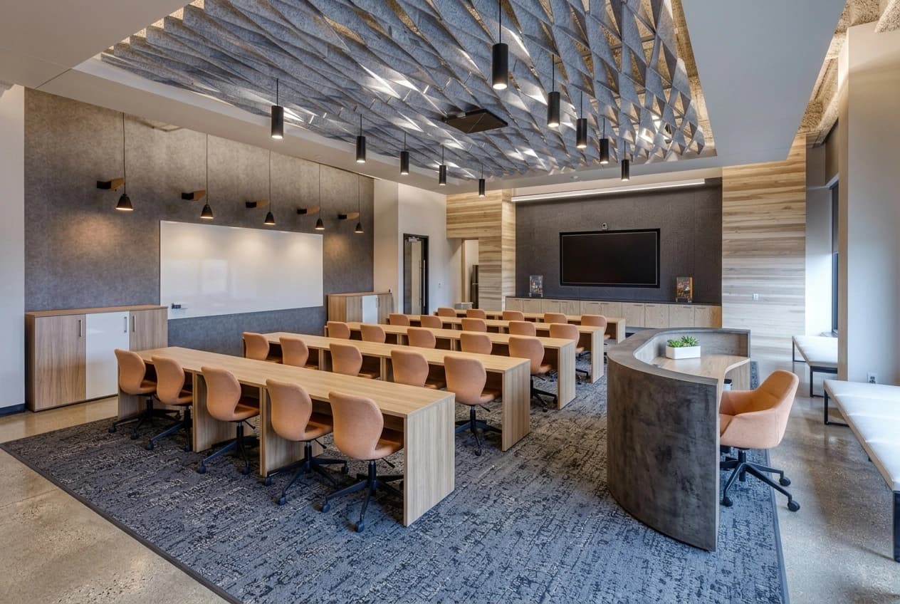 A training room with tiered desks and chairs, a faceted acoustic ceiling raft with pendant lights, a whiteboard, a wall-mounted screen and a curved reception counter to one side.