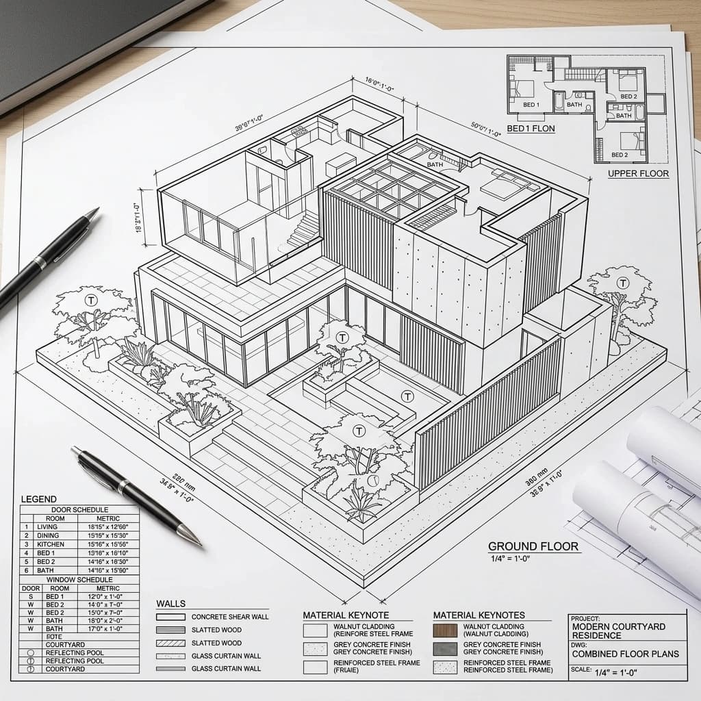 Combined floor plans on a desk with a door and window schedule, a materials legend and rolled drawings alongside.