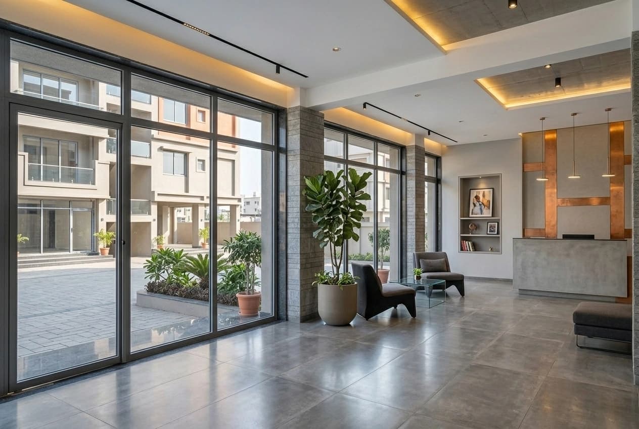 A finished common lobby with large-format grey floor tiles, full-height glazing onto the forecourt, a reception counter, cove lighting, seating and planting.