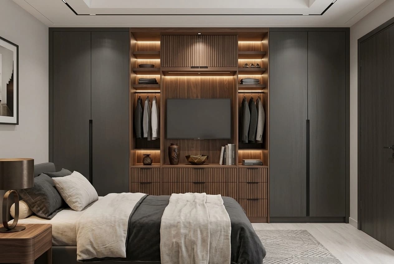A master bedroom wardrobe wall in dark shutters with an open central bay: hanging rails either side of a recessed television, internally lit open shelving above and a bank of fluted drawers below.