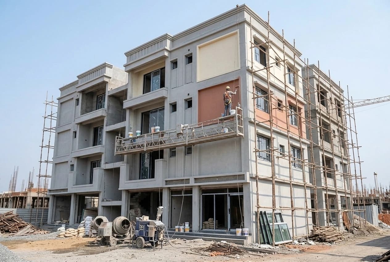 A multi-storey building at finishing stage: a plastered and part-painted elevation with a painter on a suspended cradle applying the exterior coat, scaffolding to one face, and paint pails, a mixer and glazing units waiting at ground level.
