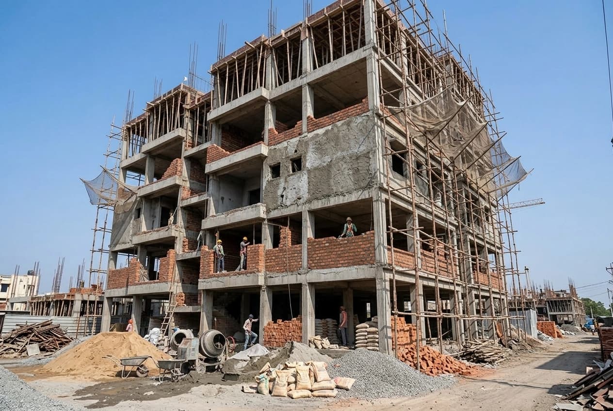 A multi-storey RCC frame under construction: columns, beams and slabs cast, brick infill walls going up, bamboo scaffolding and safety netting to one face, workers on the slab, with sand, aggregate and cement bags stacked at ground level.