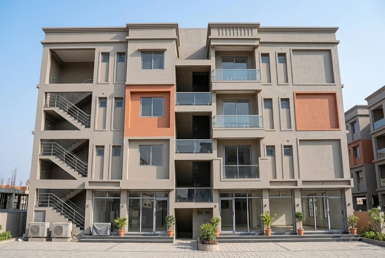 Front elevation of a multi-unit building with the external staircase flights exposed on the left, glazed ground-floor units, balconies above and air-conditioning condensers at ground level.