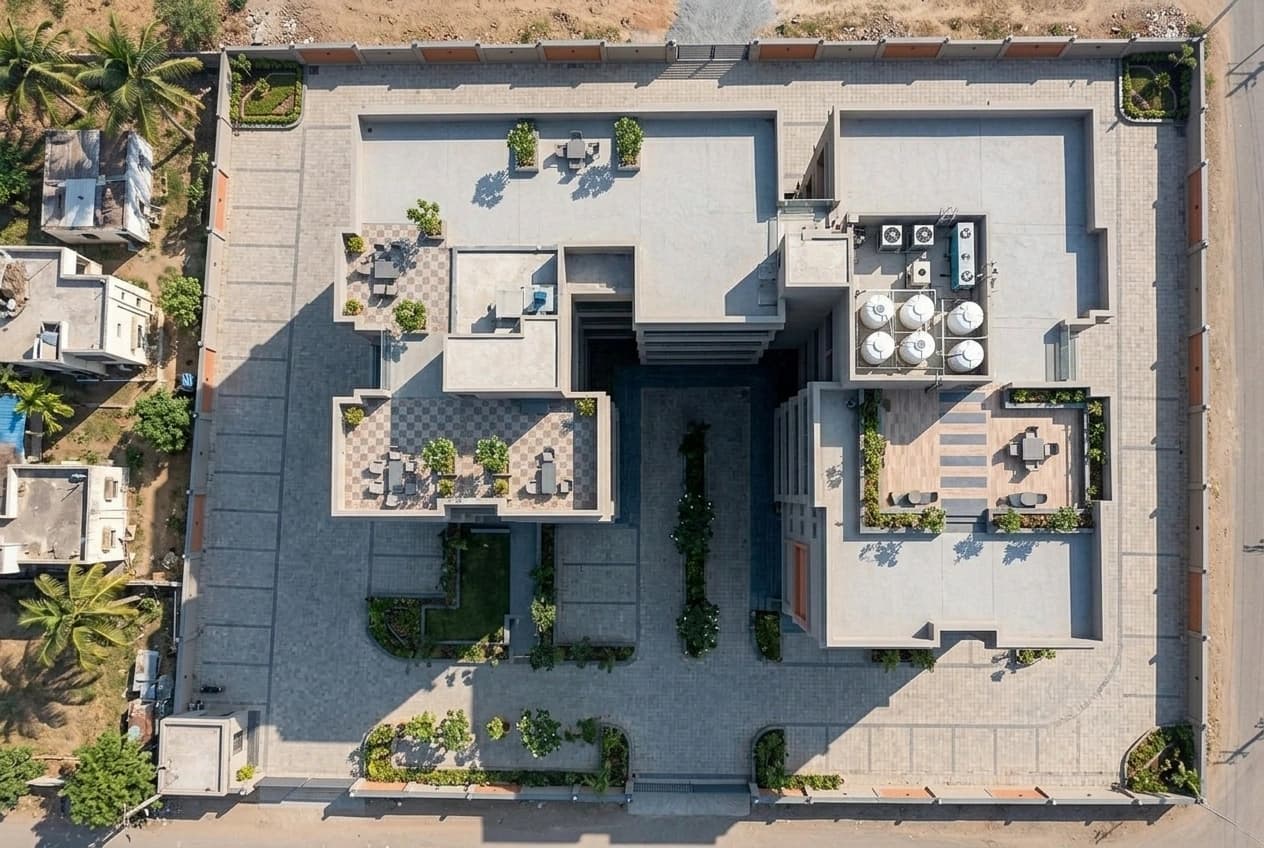 Straight-down aerial view of a completed building: roof terraces with planting and seating, a bank of overhead water tanks and condenser units, the compound wall, a paved driveway and landscaped setbacks.