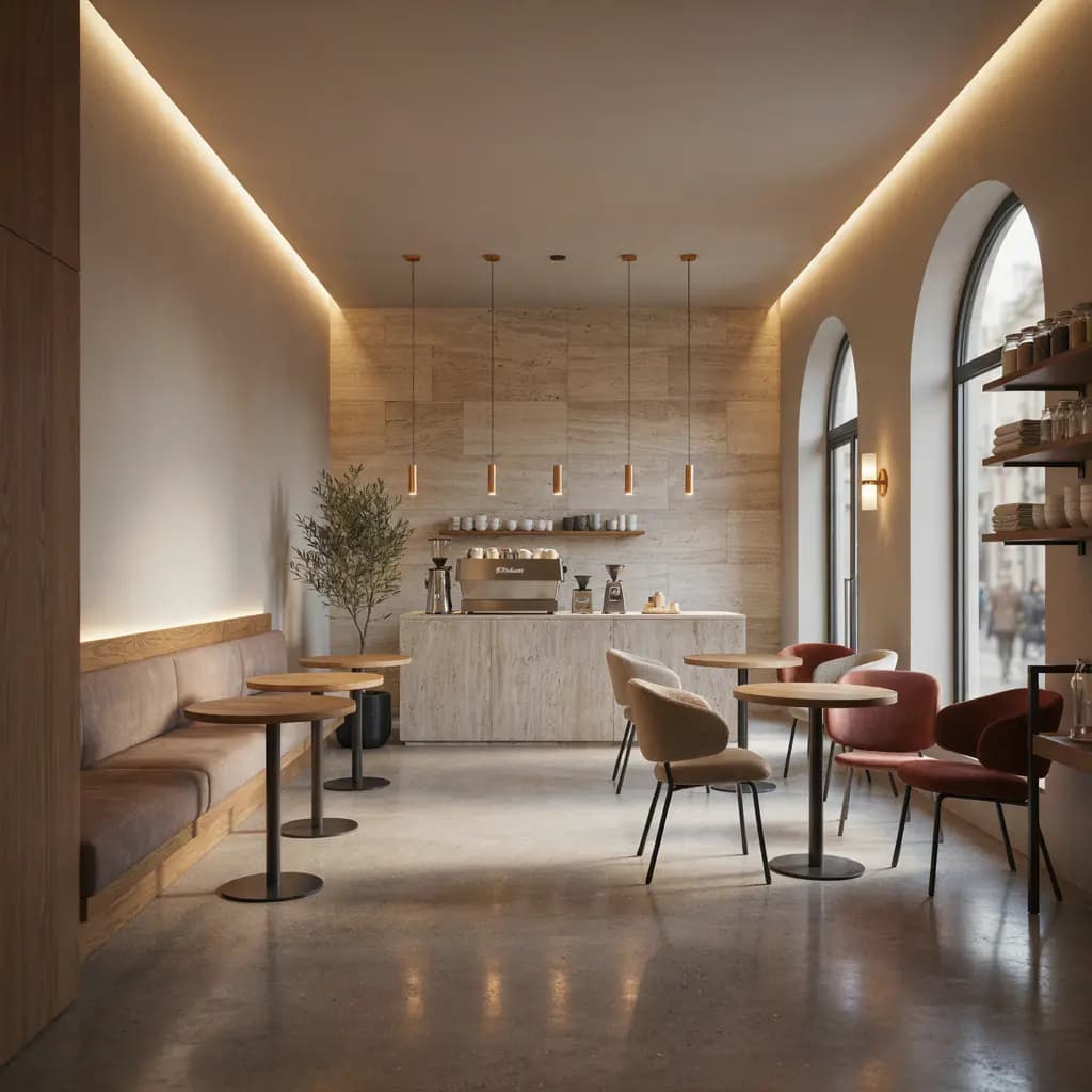 A narrow cafe: a stone-clad service counter with an espresso machine and grinder, five pendant lights above it, a timber banquette with round tables down one side, arched windows to the street and shelving of glassware opposite.