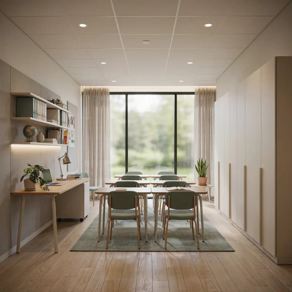 A teaching room with desks and chairs arranged down the centre, a long study counter and shelving along one wall, full-height storage cupboards opposite, a recessed lit ceiling and a full-width window at the end.