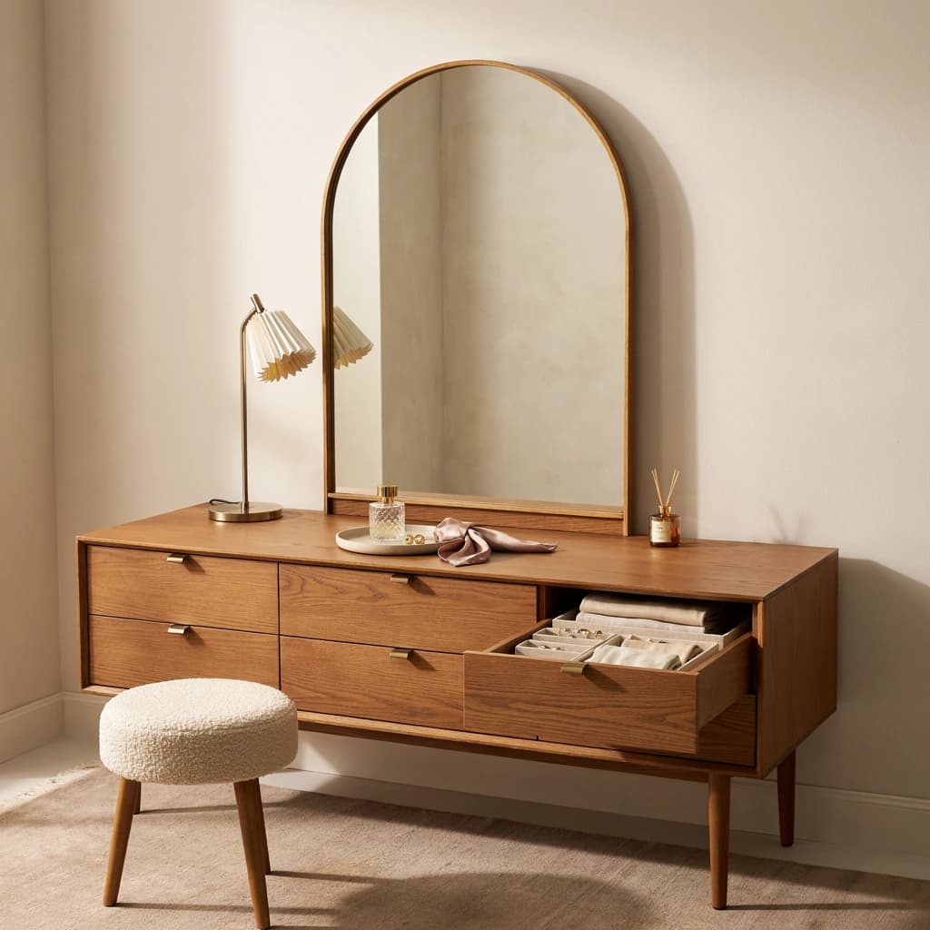 A low oak dressing unit with six drawers, one pulled open to show a divided tray, beneath an arched mirror with a table lamp beside it and a stool in front.